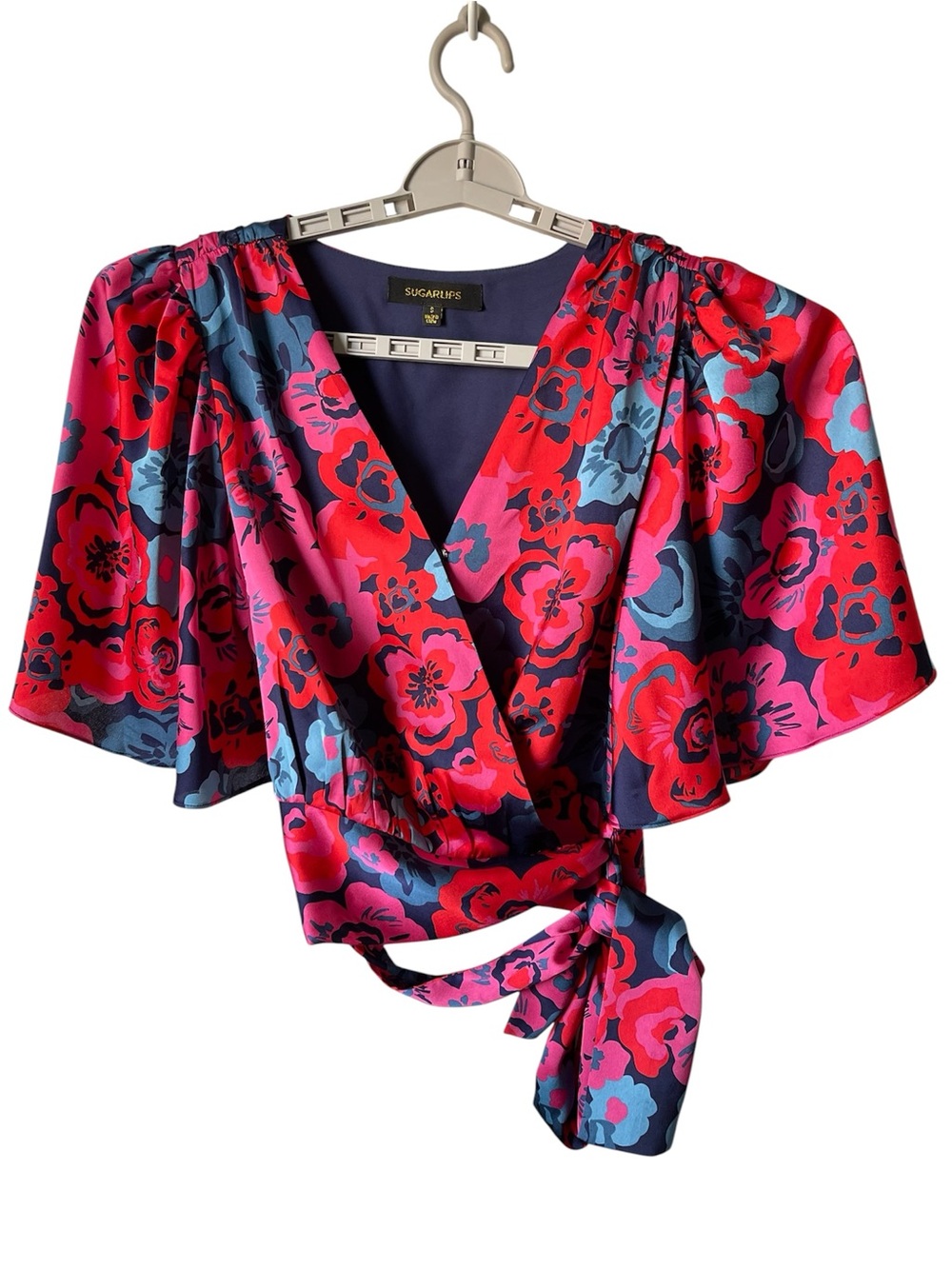 Sugarlips Women’s Size S Floral Satin Wrap Crop Top Flutter Sleeves